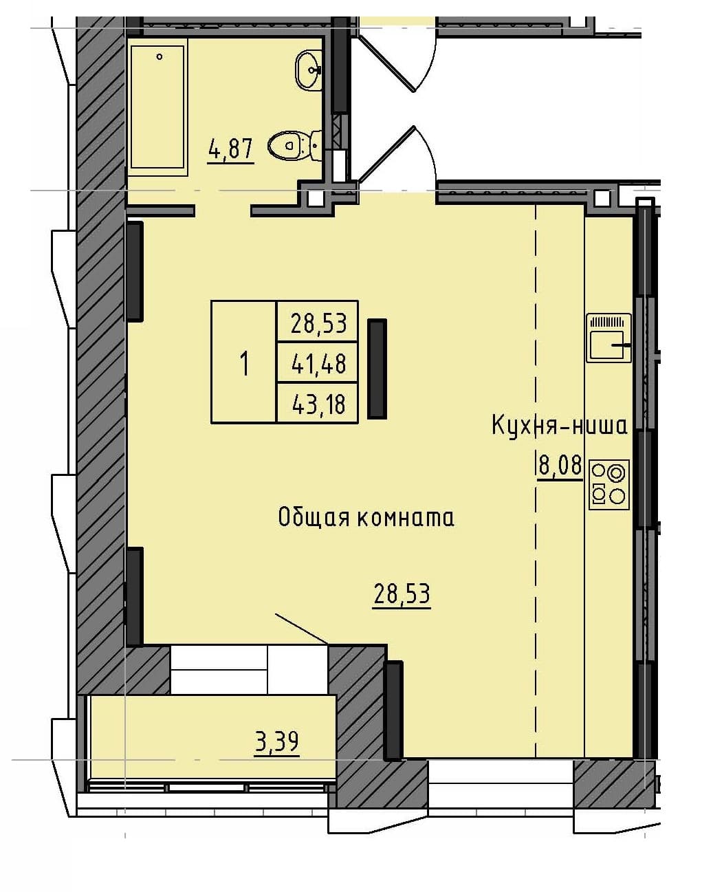 1 комн., 43.2 м²