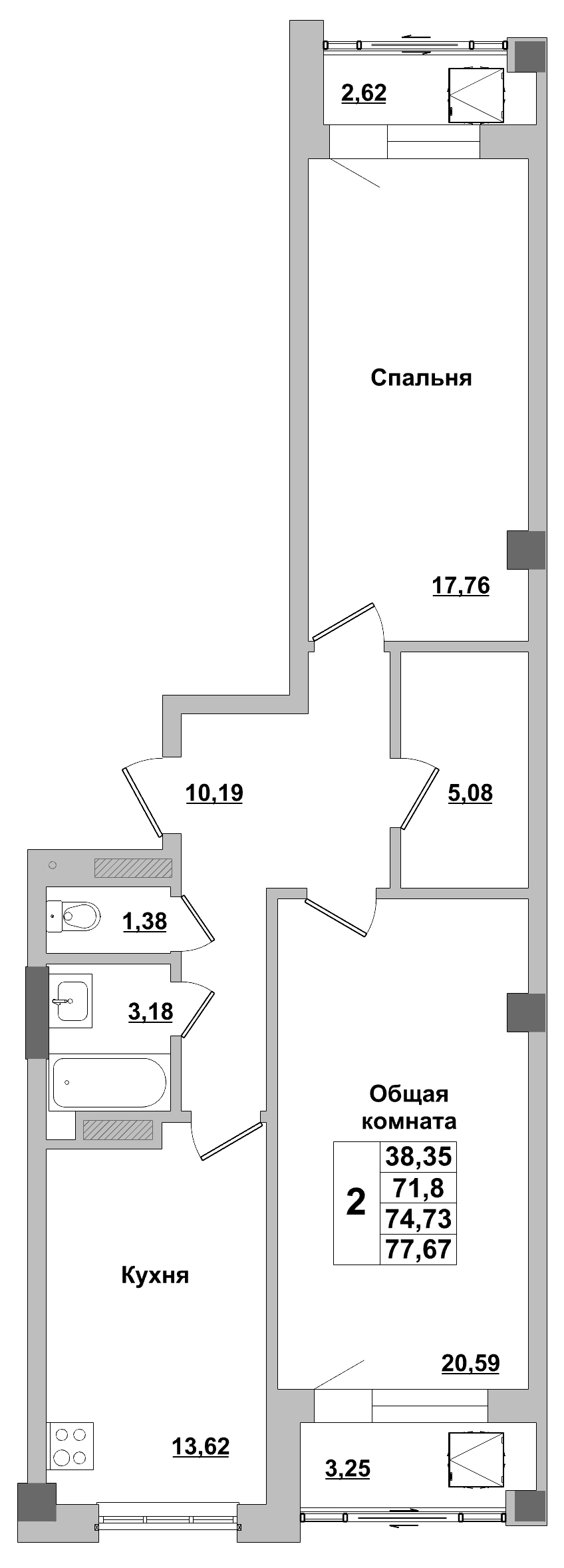 2 комн., 74.7 м²