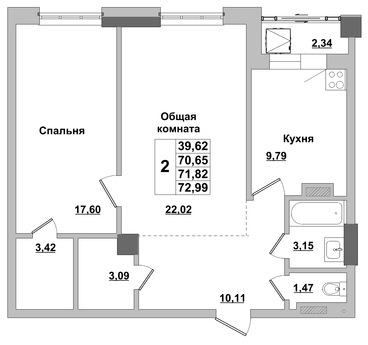 2 комн., 71.8 м²