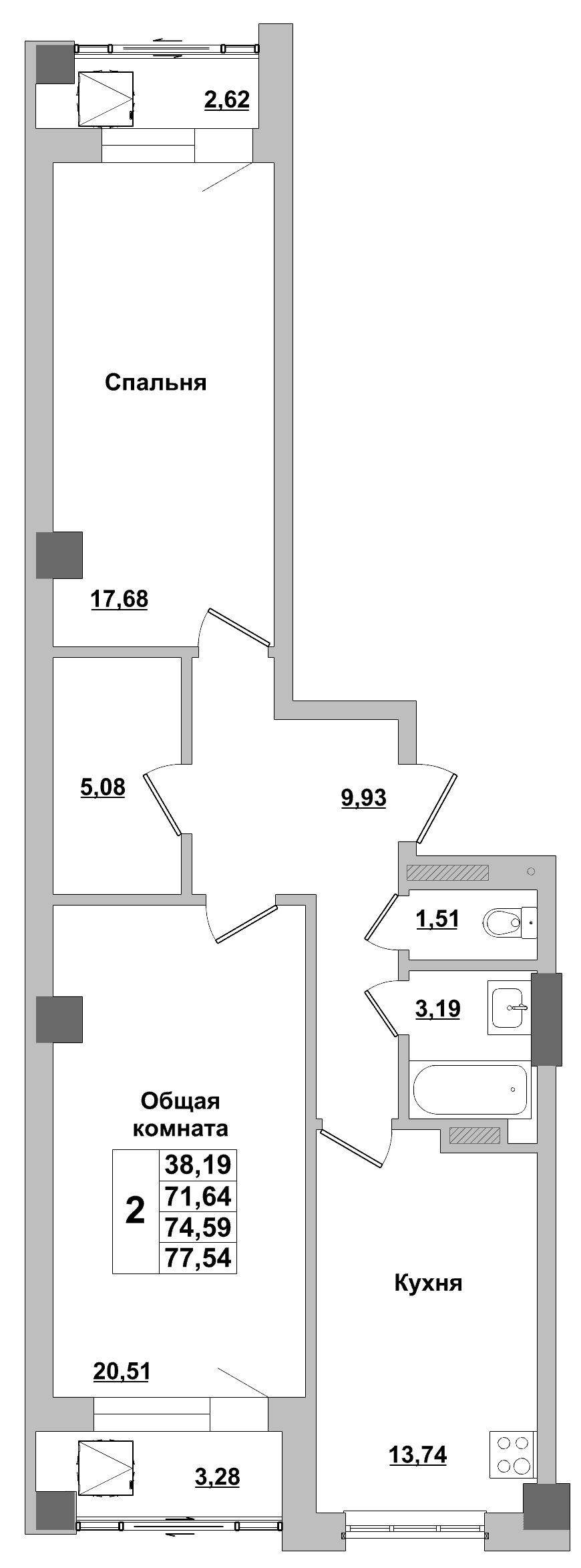 2 комн., 74.6 м²