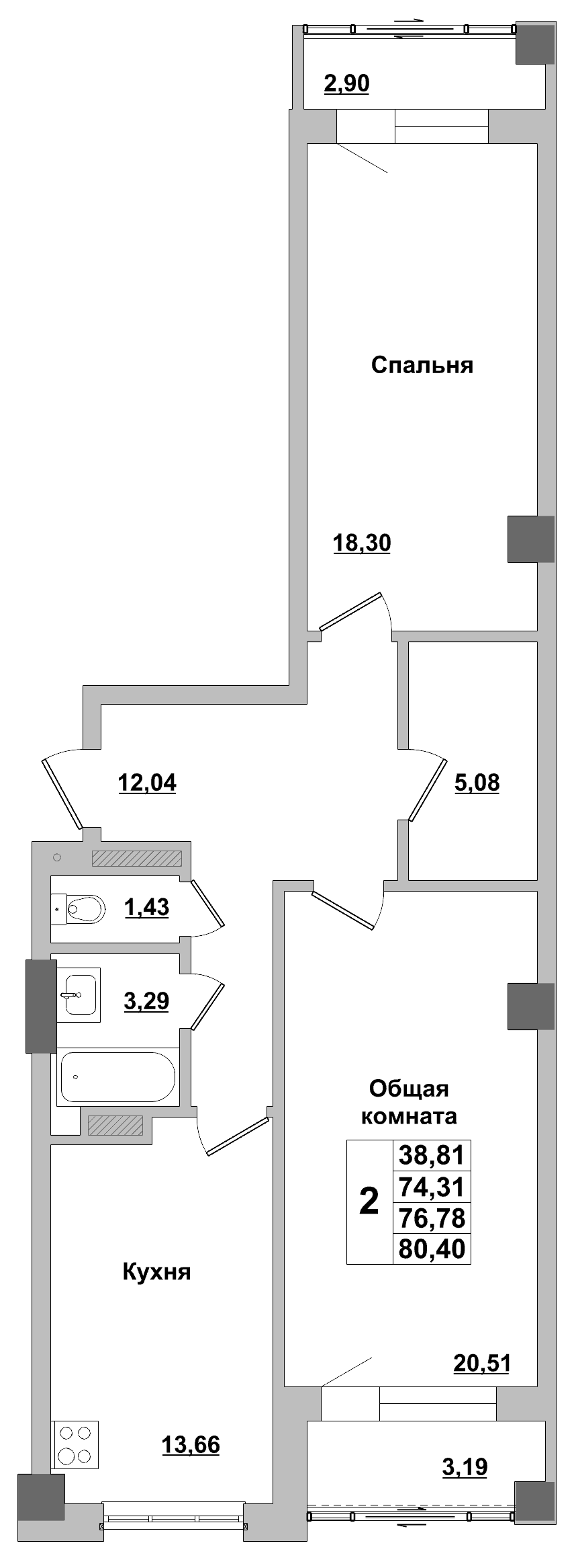 2 комн., 76.8 м²