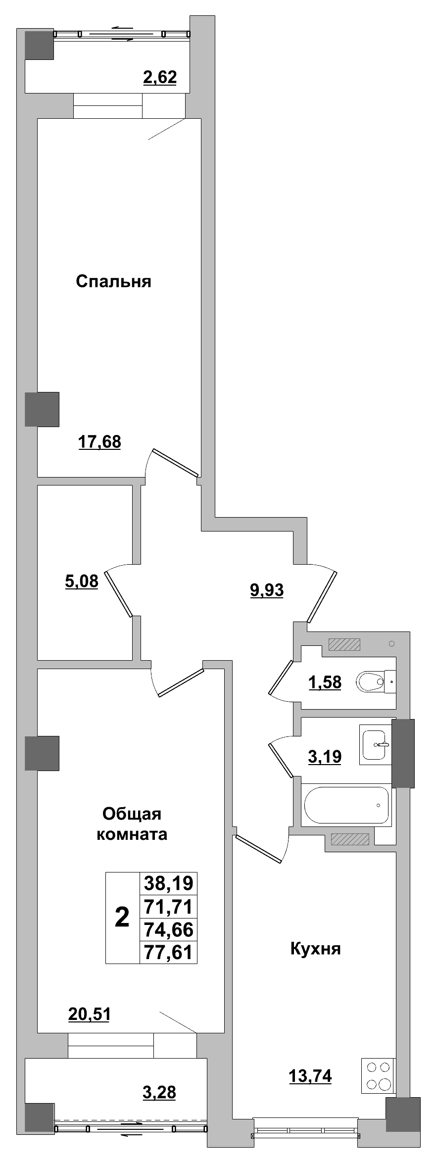 2 комн., 74.7 м²