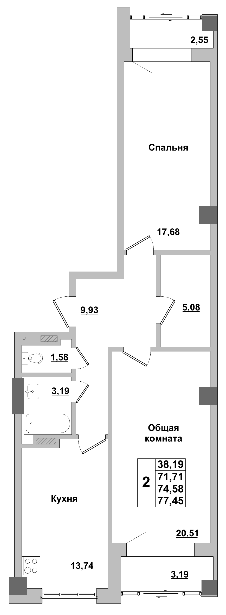 2 комн., 74.6 м²