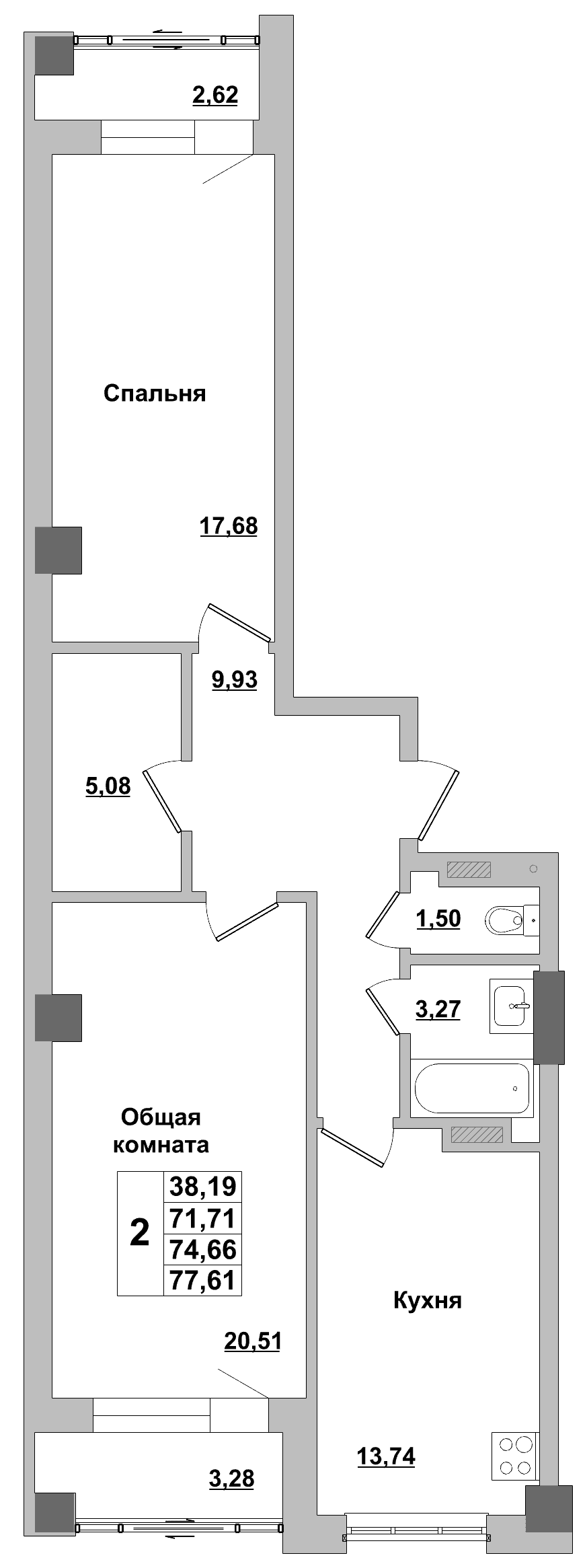 2 комн., 74.7 м²