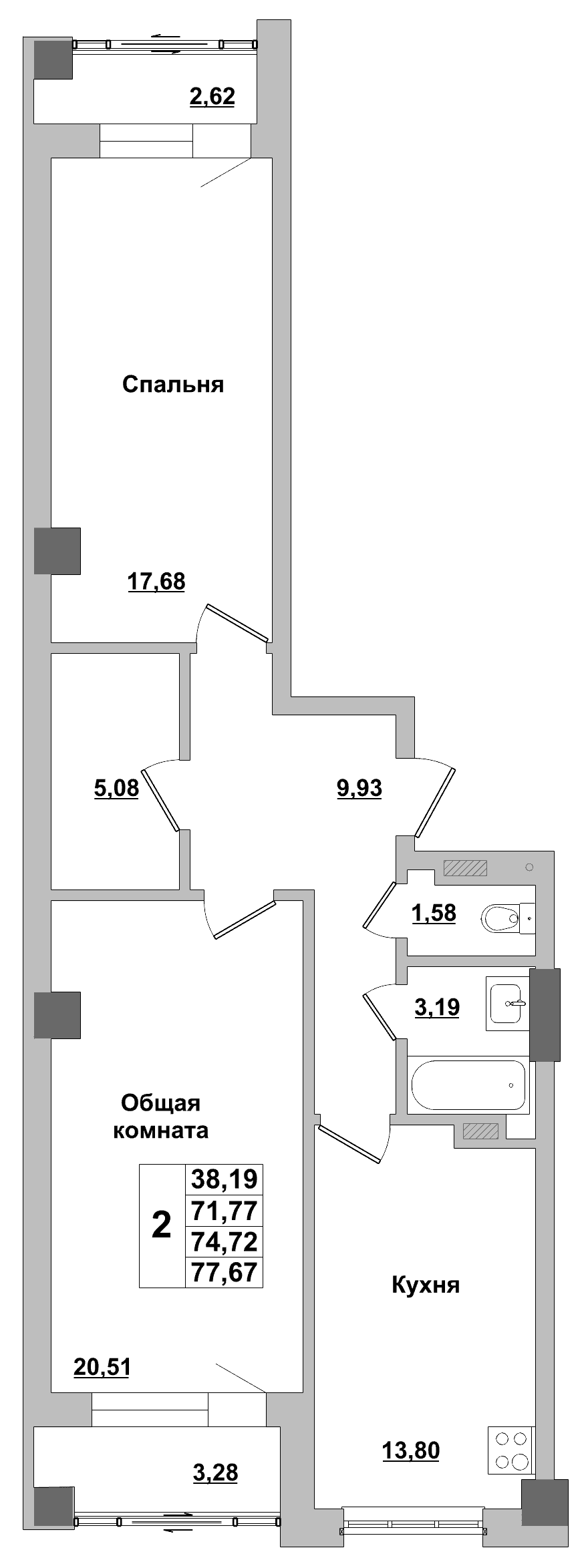 2 комн., 74.7 м²