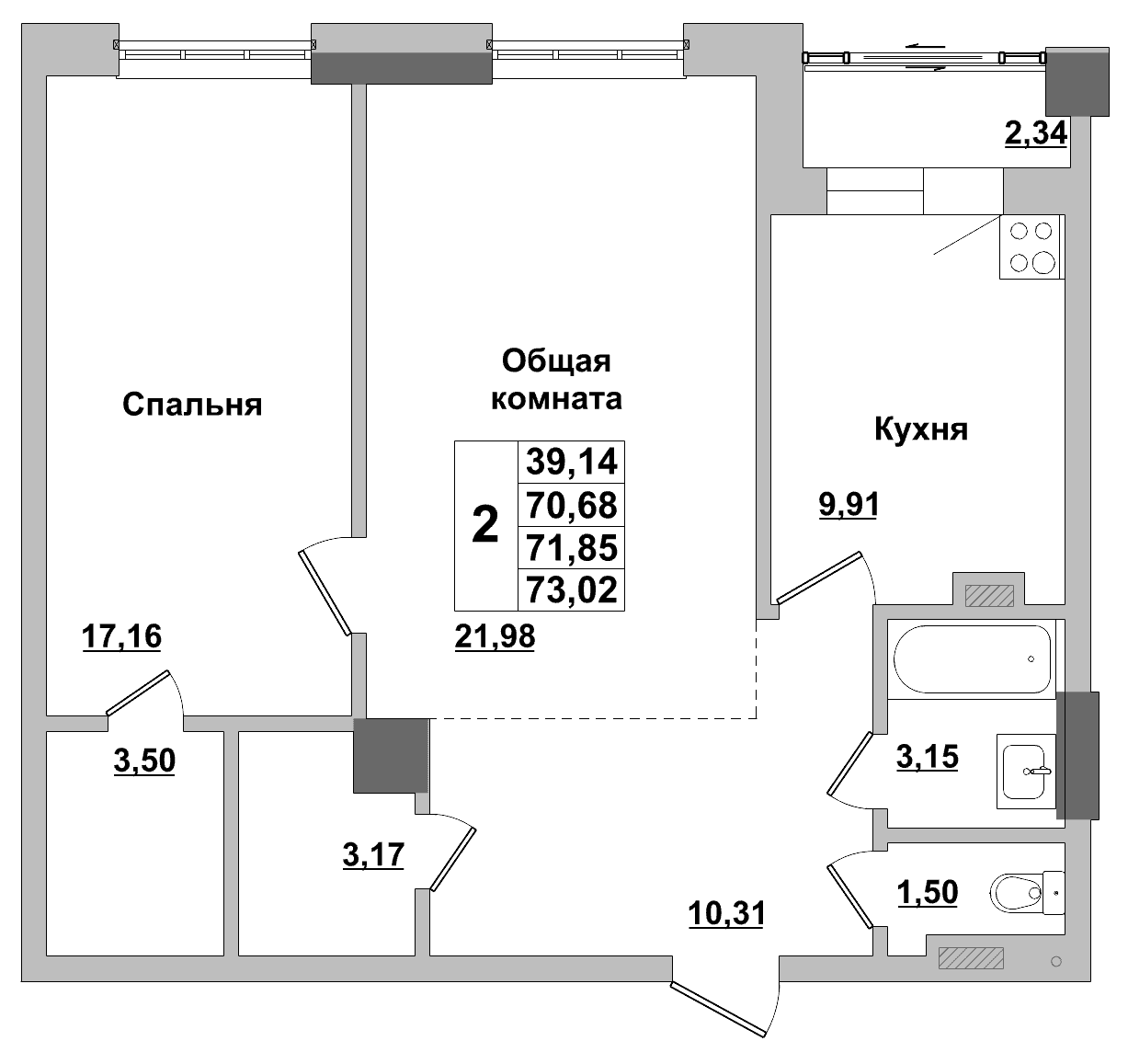 2 комн., 71.8 м²