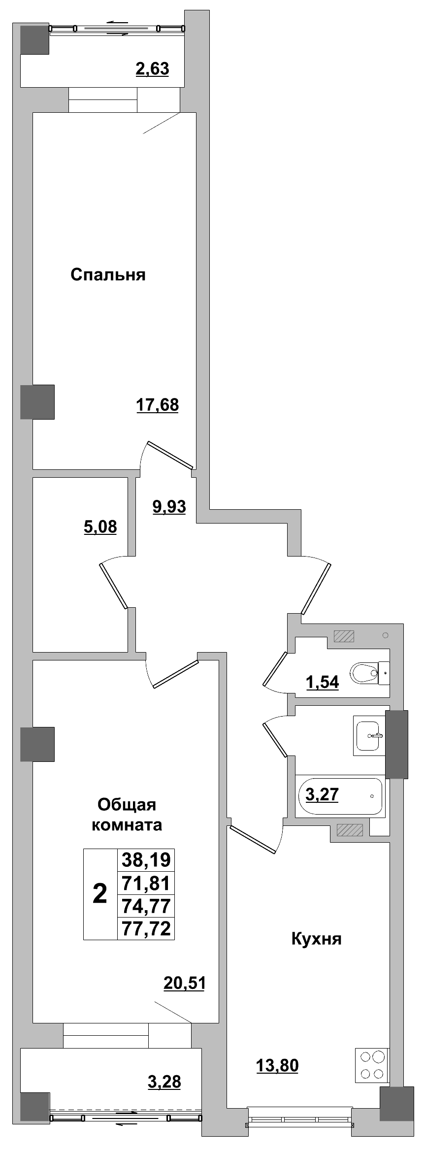 2 комн., 74.8 м²