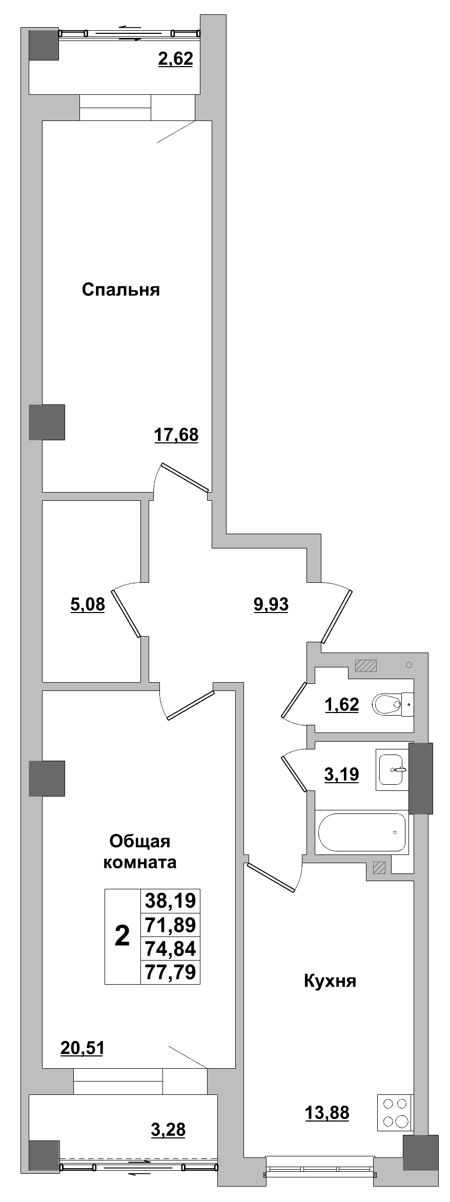 2 комн., 74.8 м²