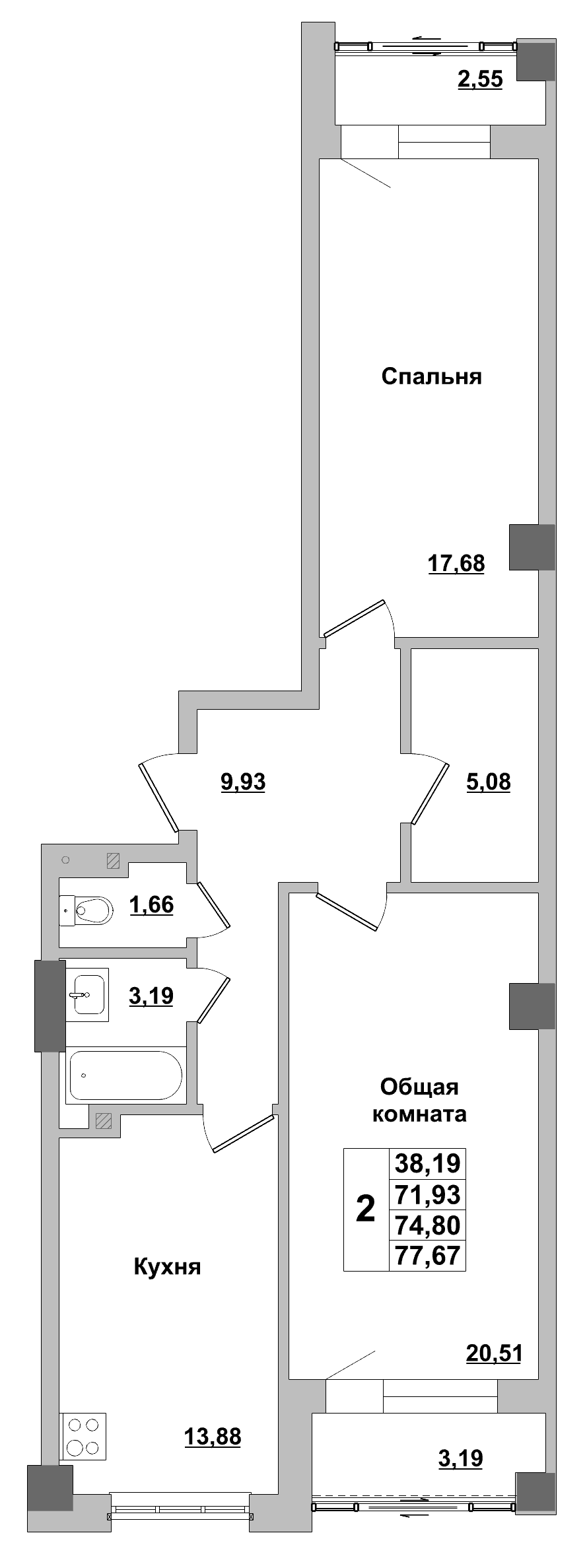 2 комн., 74.8 м²
