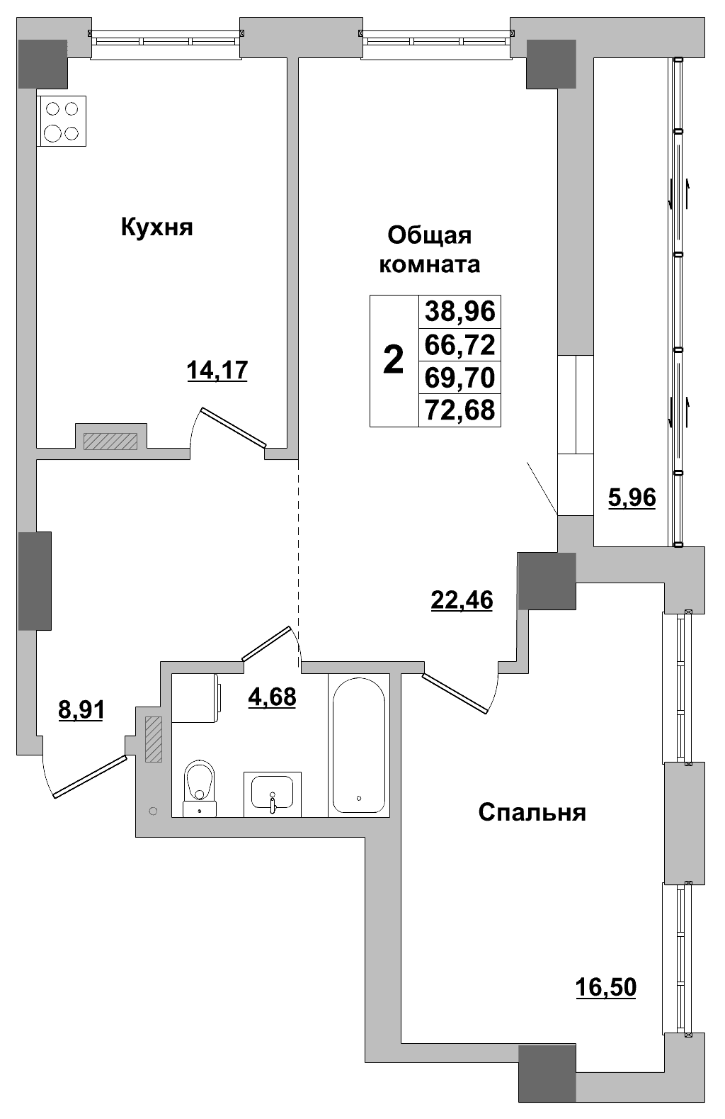 2 комн., 69.7 м²