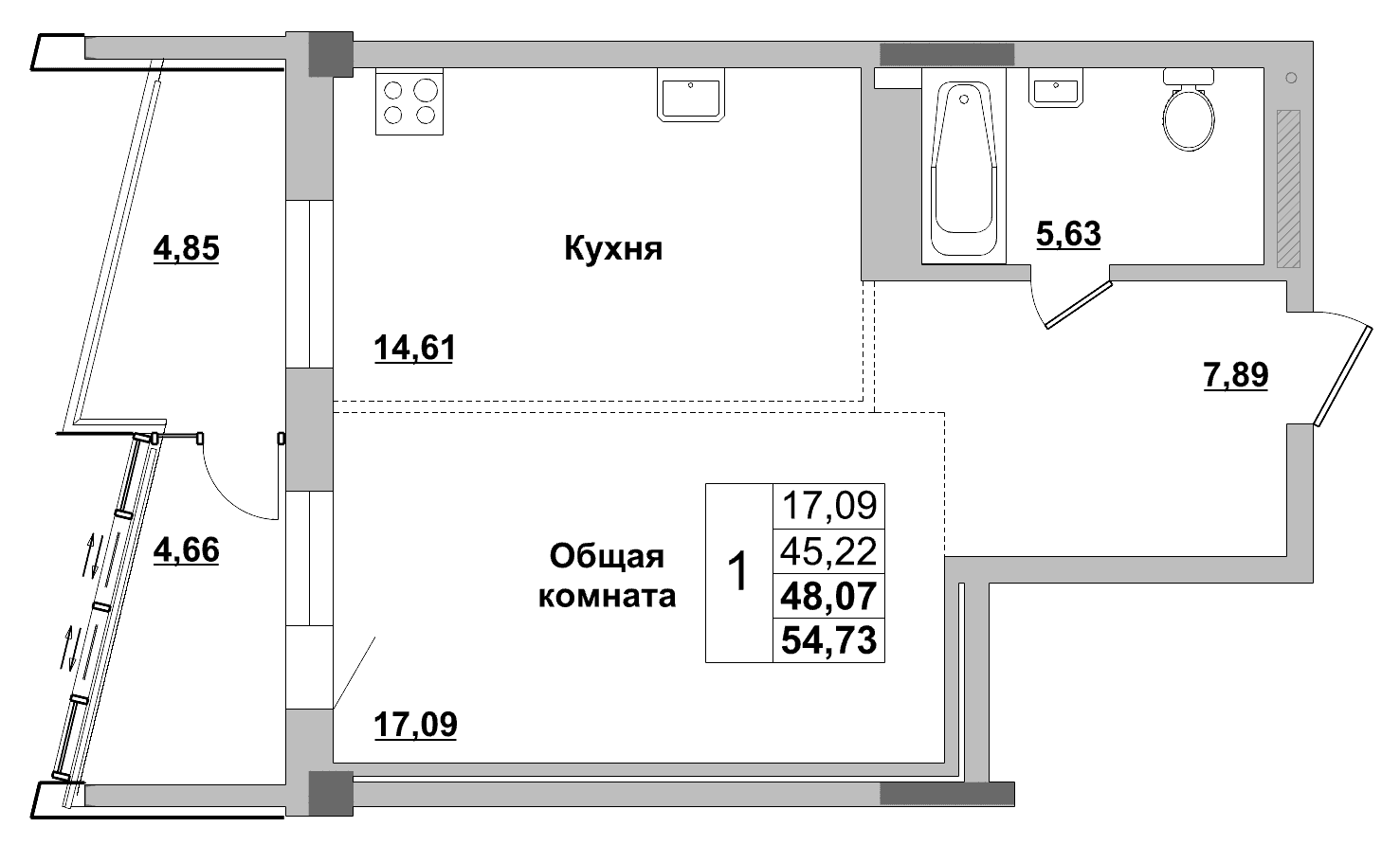 1 комн., 48.1 м²