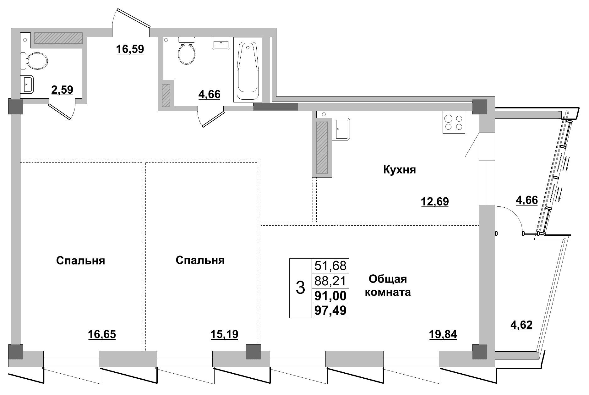 3 комн., 91.0 м²