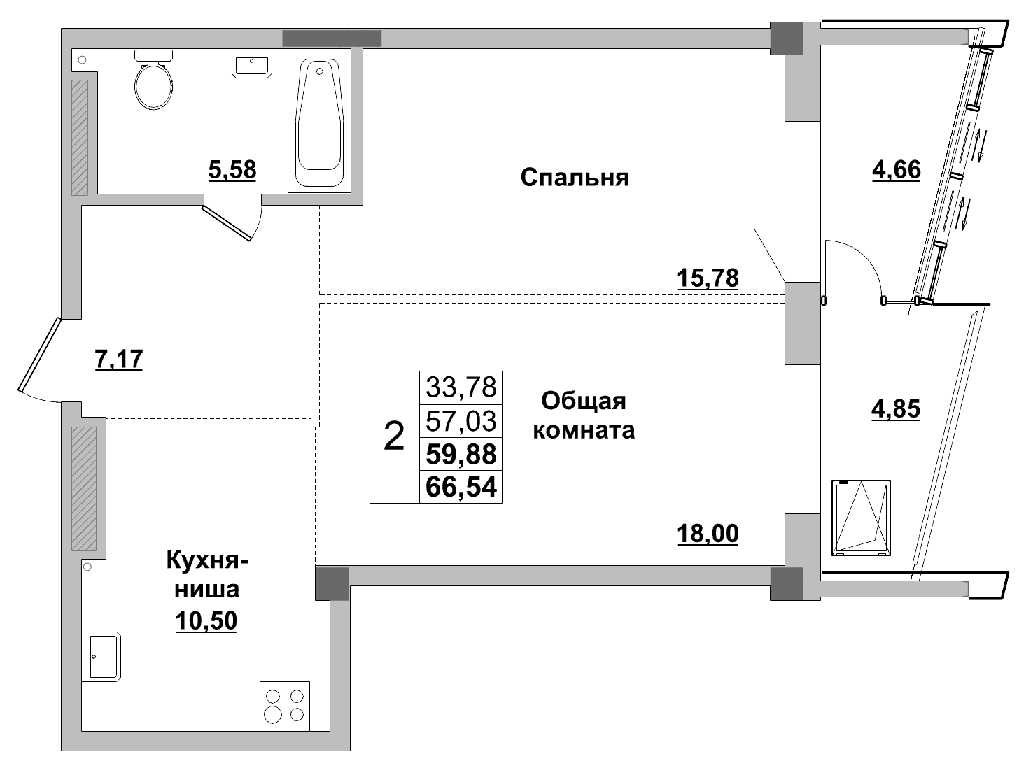 2 комн., 59.9 м²