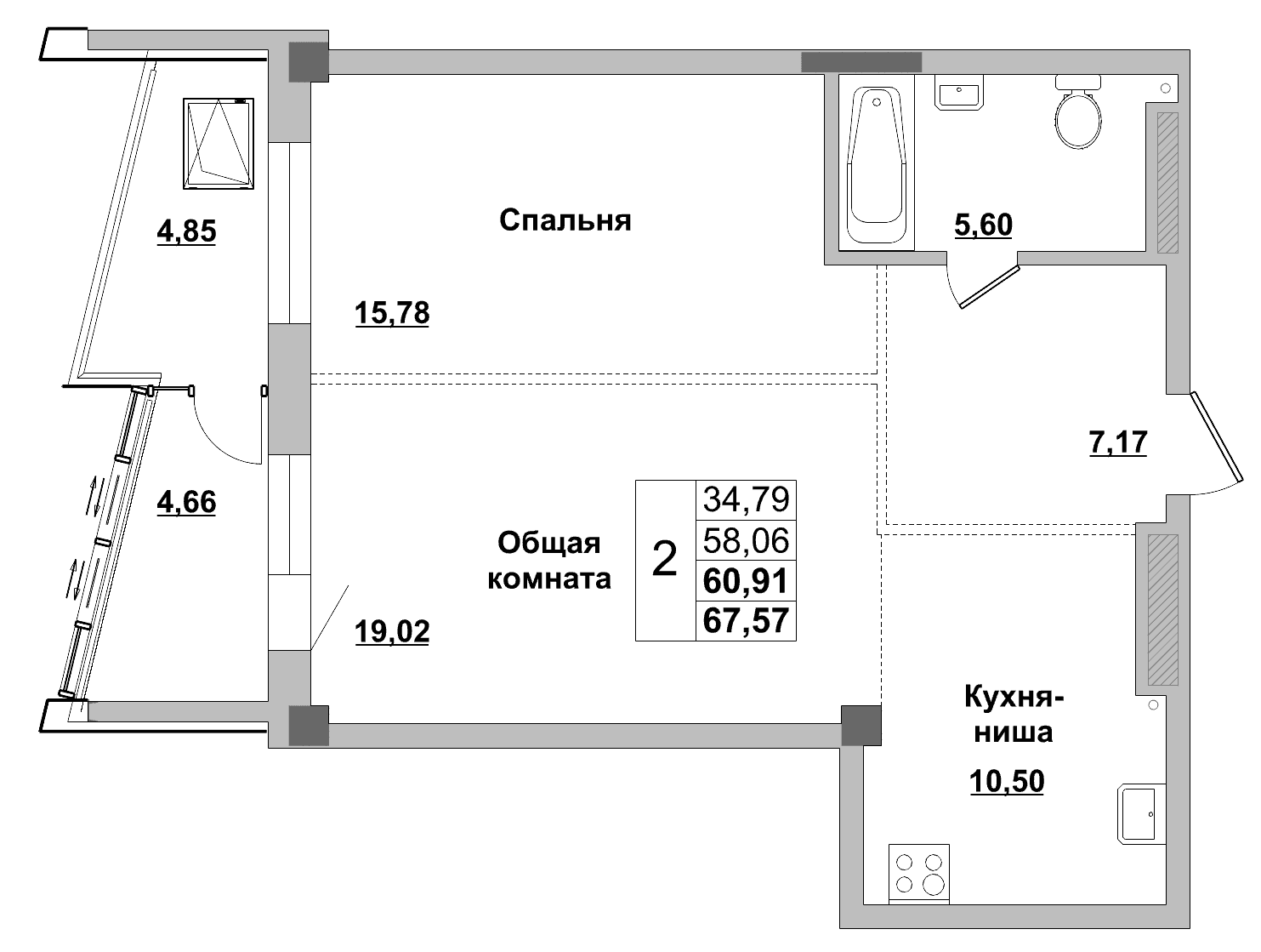 2 комн., 60.9 м²