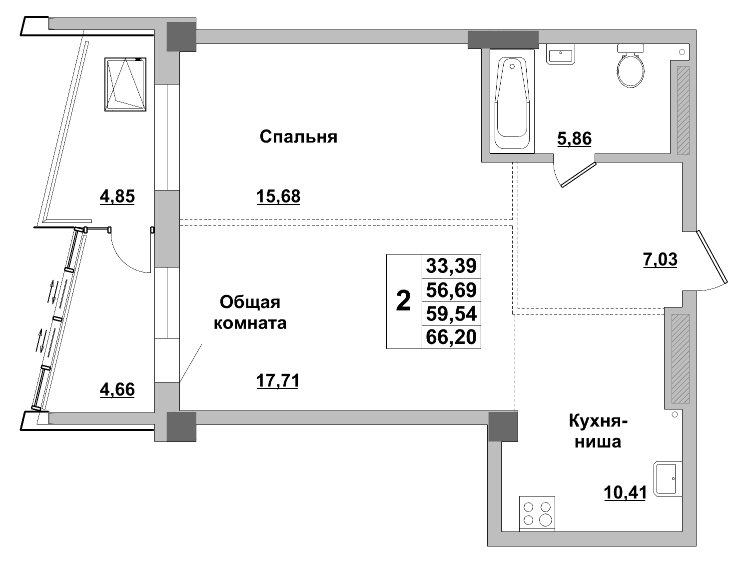 2 комн., 59.5 м²