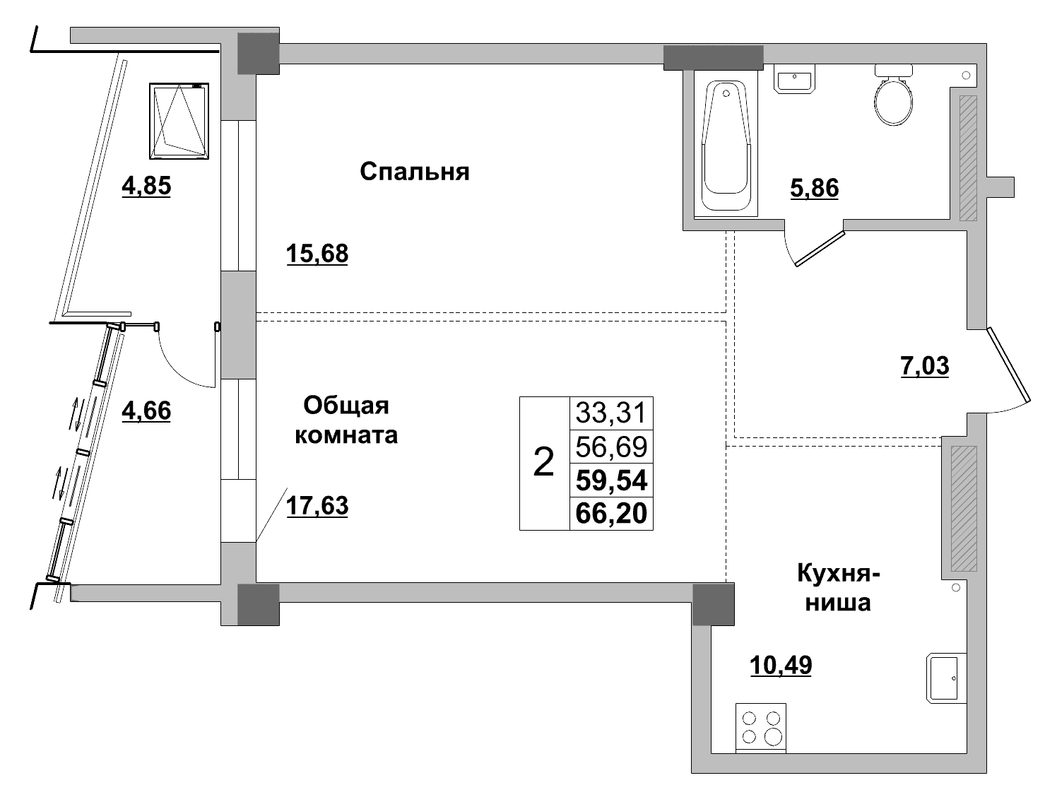2 комн., 59.5 м²