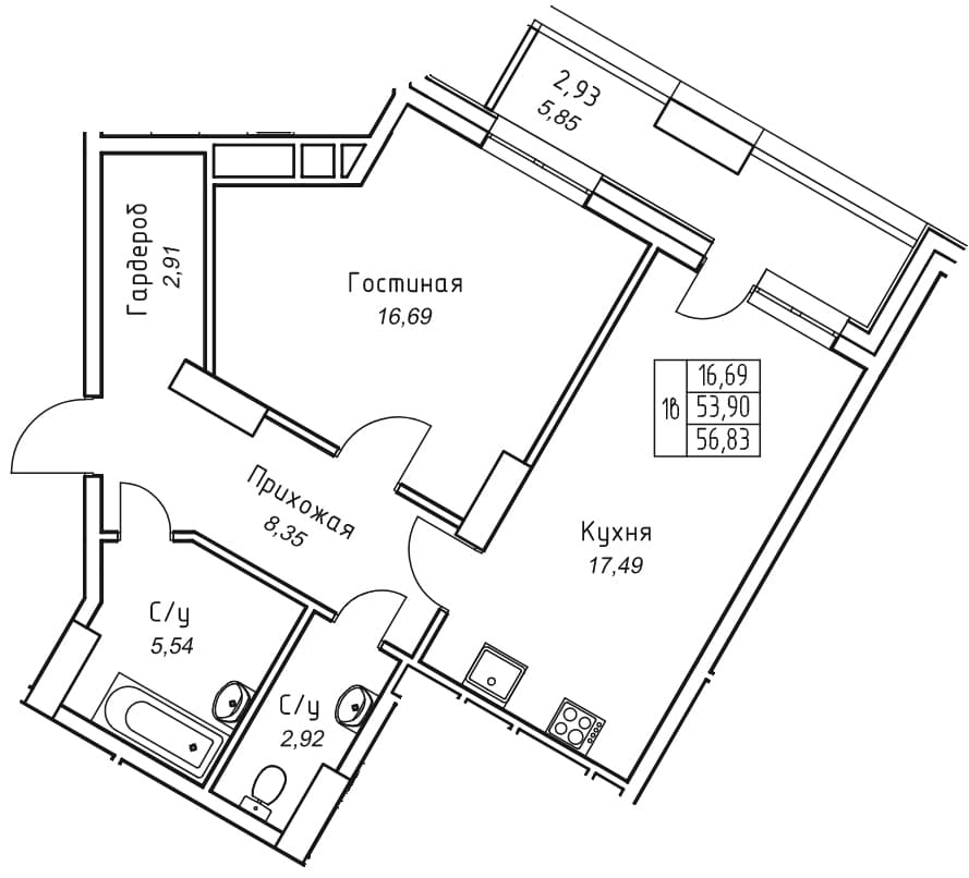 1 комн., 56.8 м²