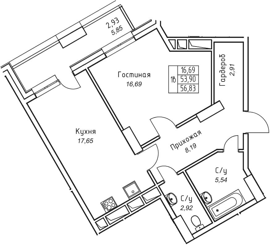 1 комн., 56.8 м²