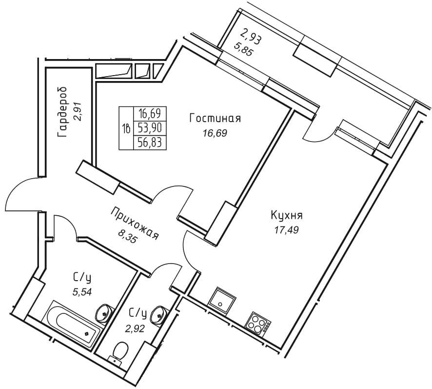 1 комн., 56.8 м²