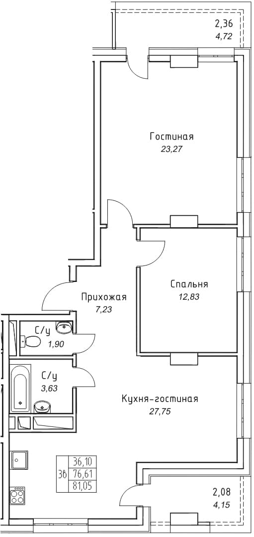 3 комн., 81.0 м²