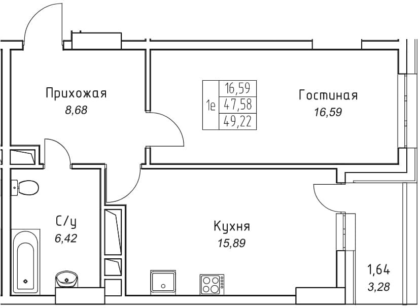 1 комн., 49.2 м²