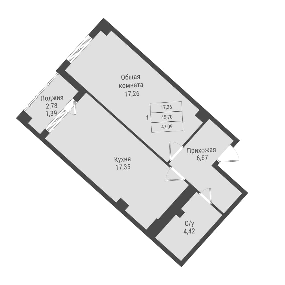 1 комн., 47.1 м²