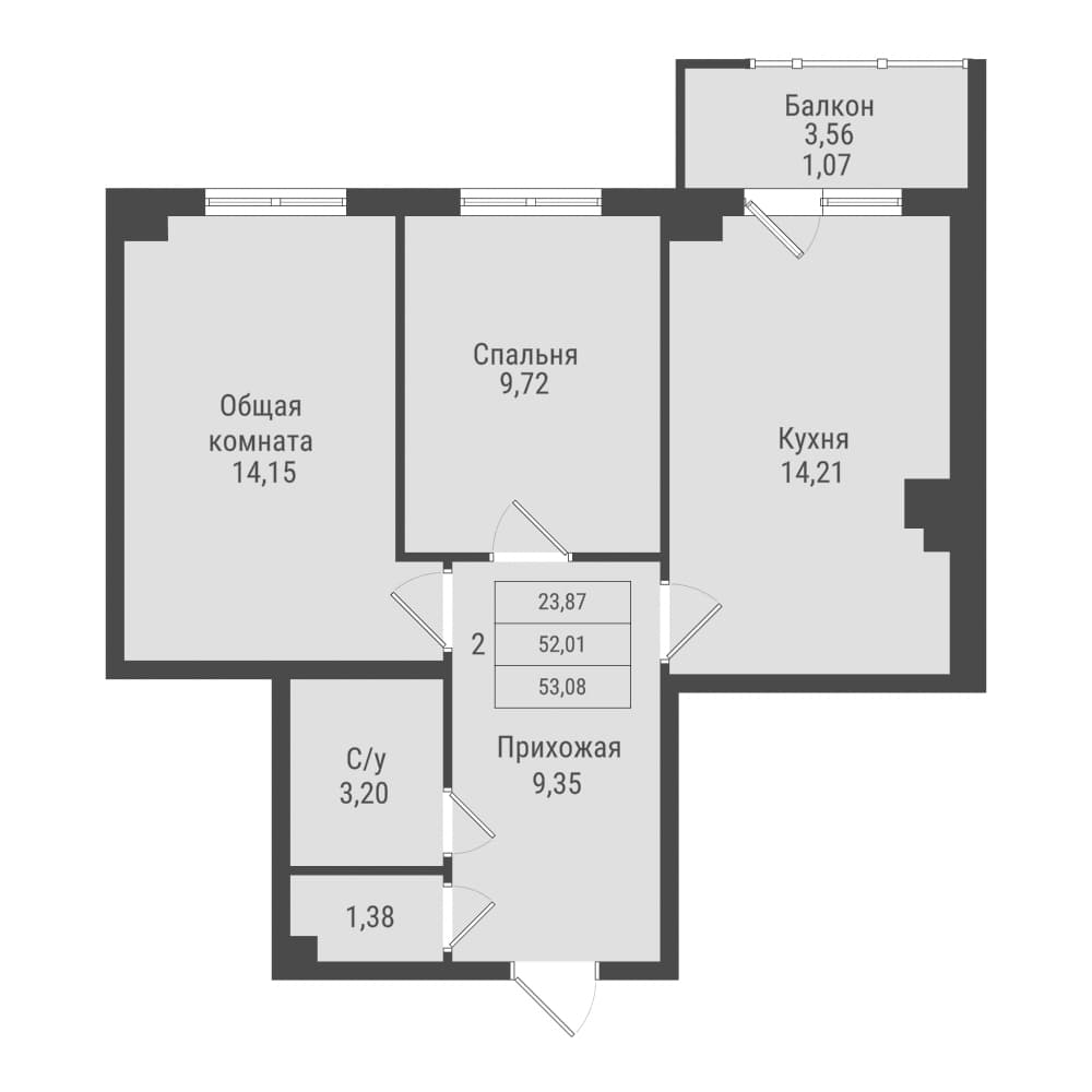 2 комн., 53.1 м²