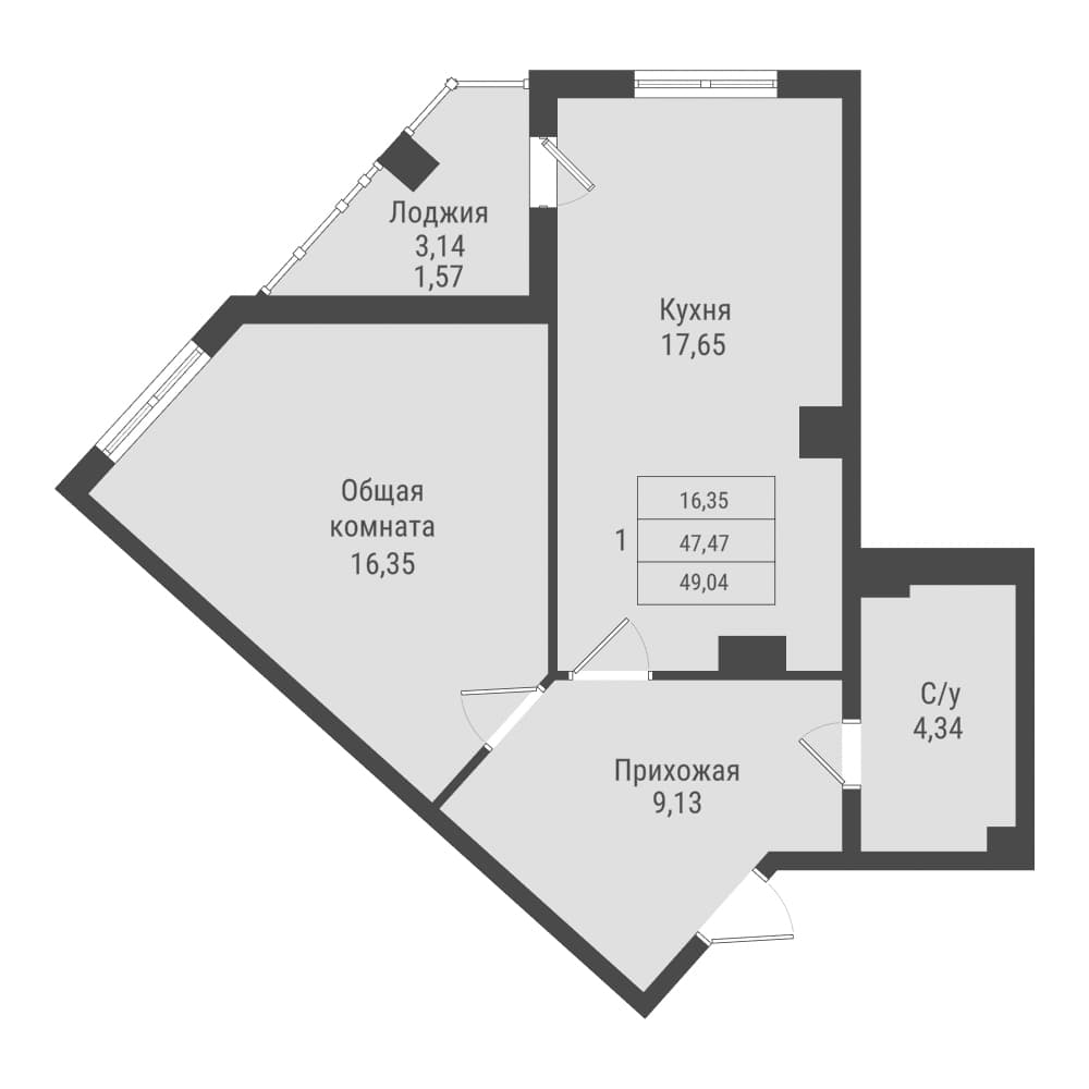 1 комн., 49.0 м²