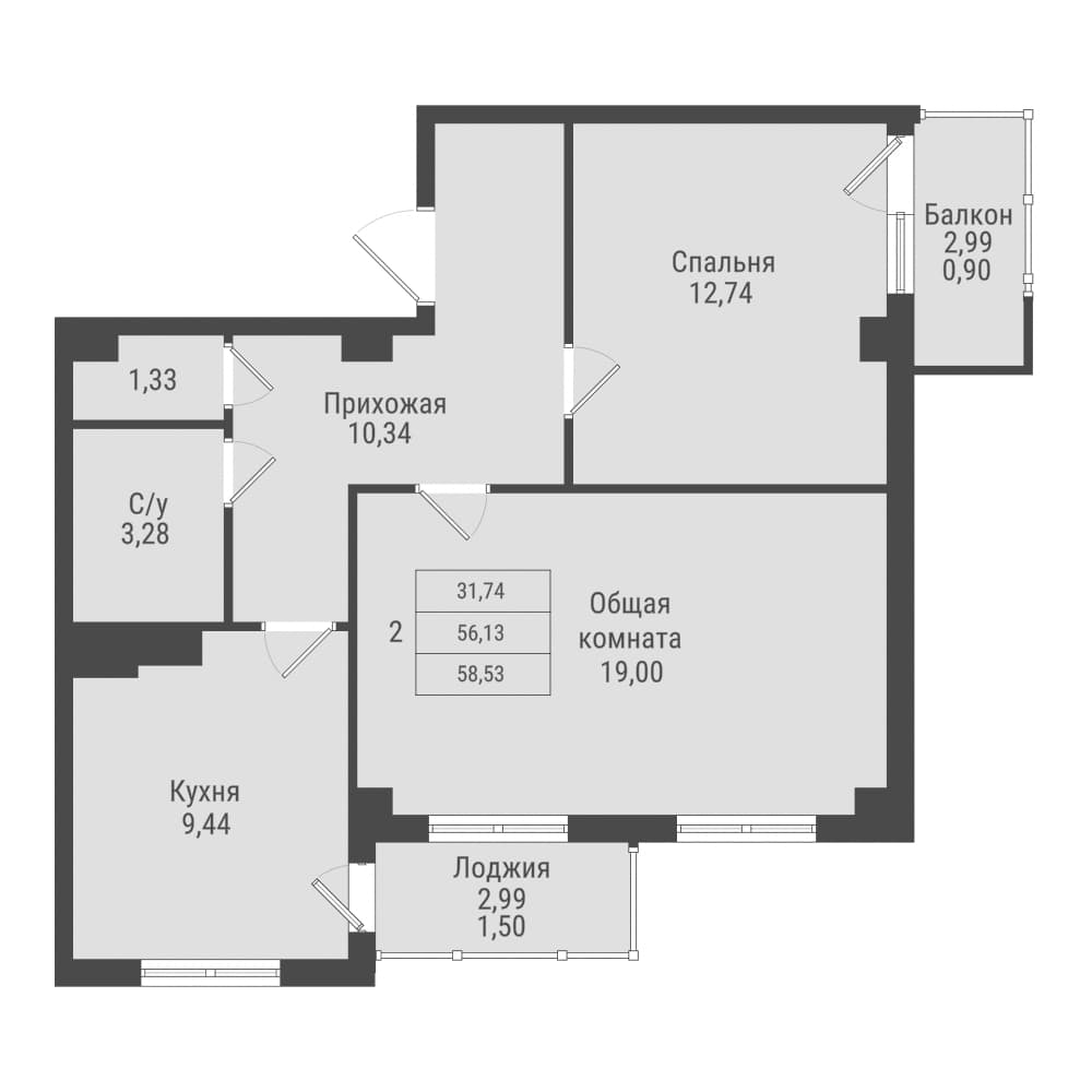 2 комн., 58.5 м²