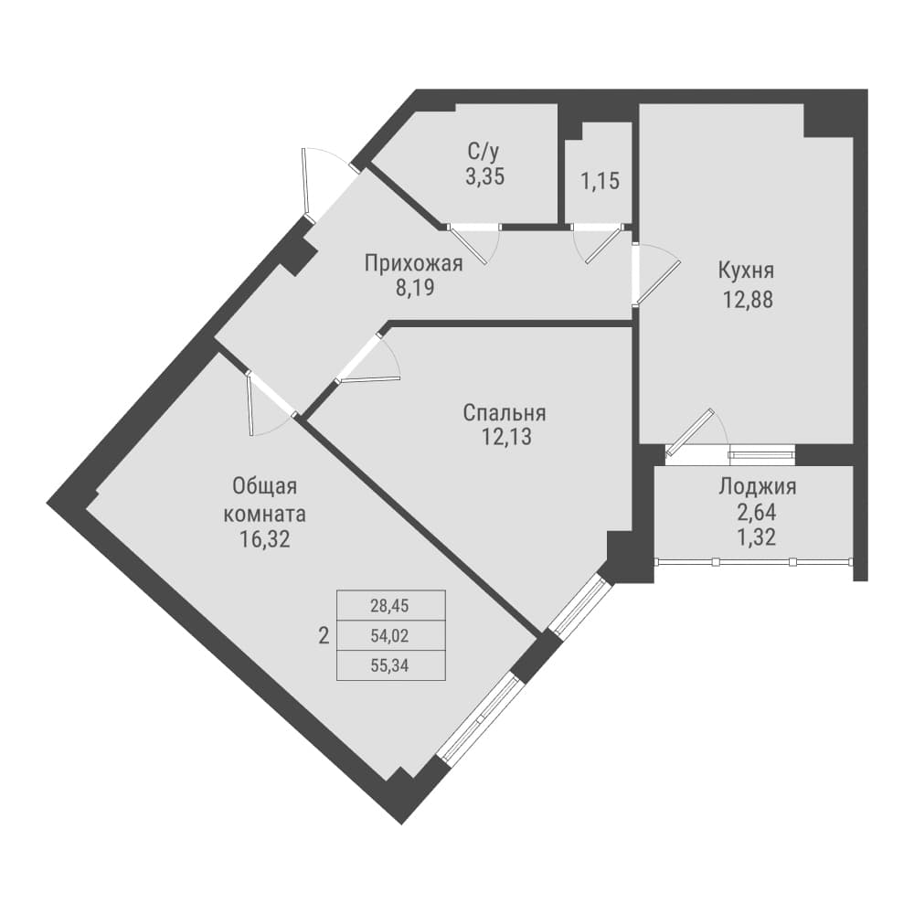 2 комн., 55.3 м²