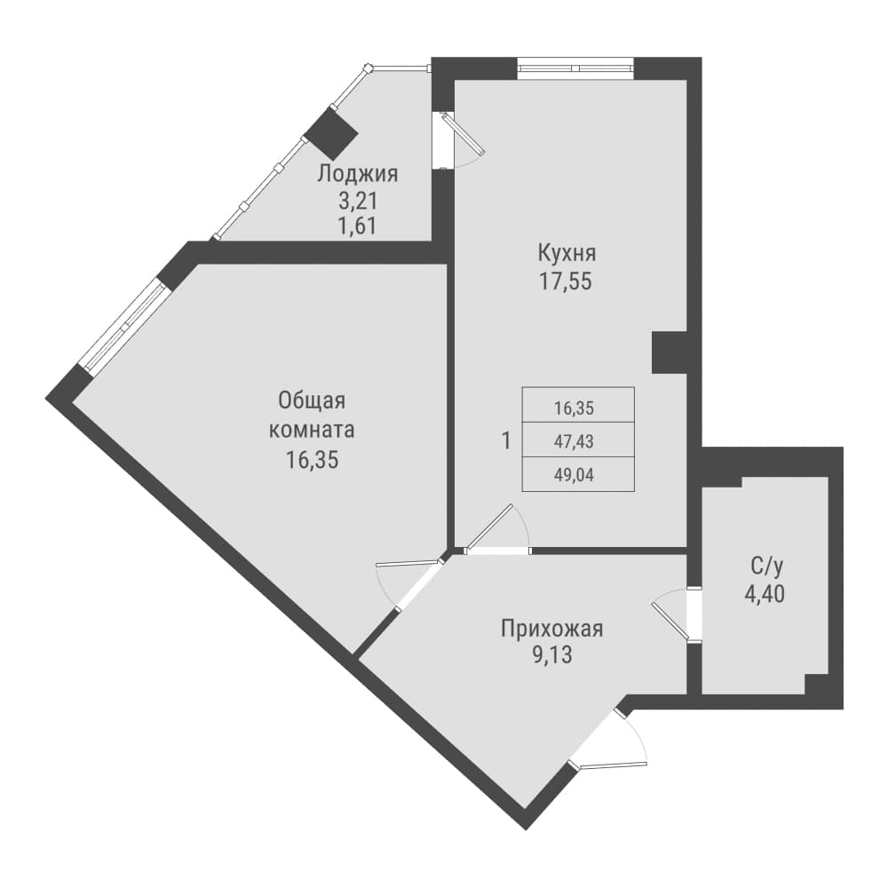 1 комн., 49.0 м²