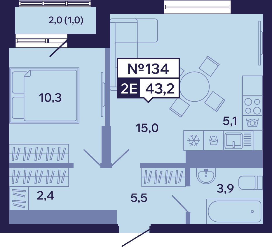 2 комн., 43.2 м²