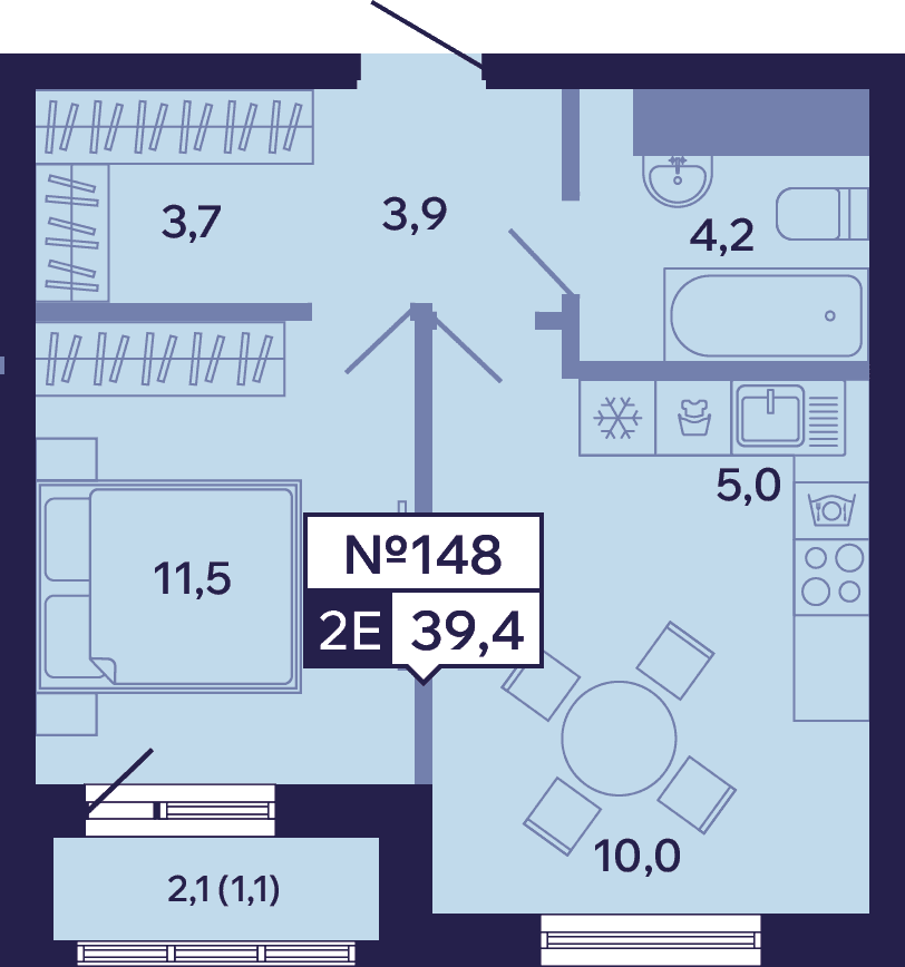 2 комн., 39.4 м²
