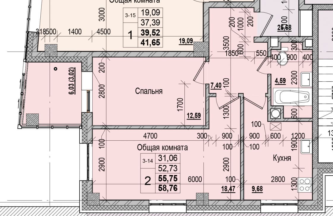 2 комн., 55.8 м²