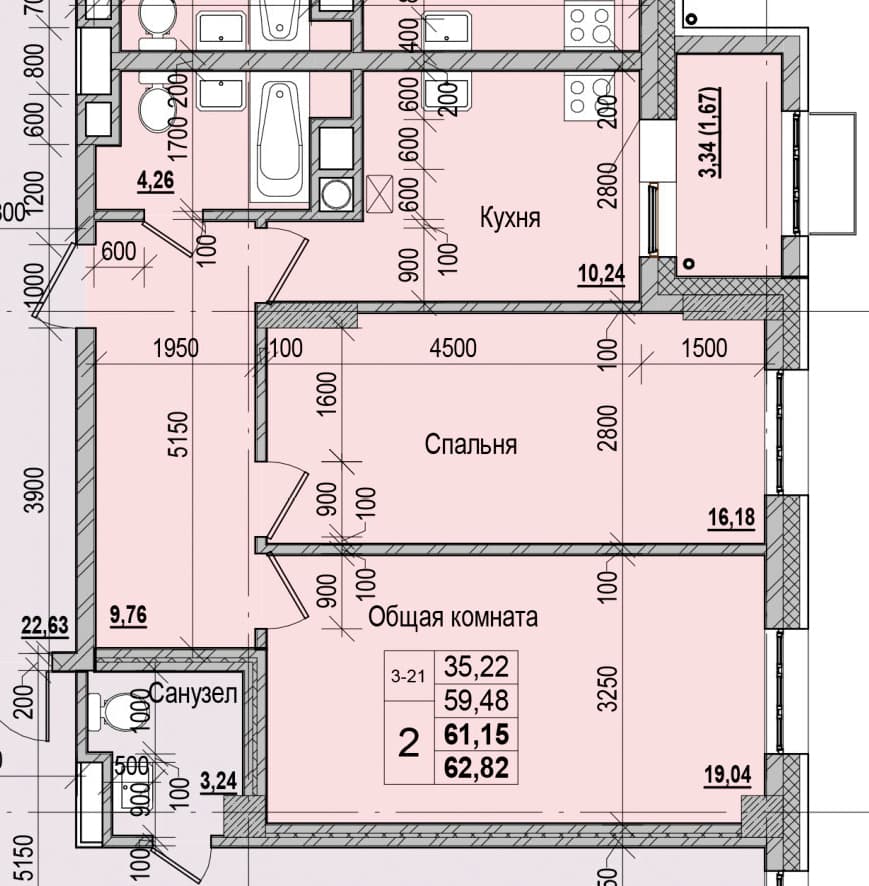 2 комн., 61.1 м²