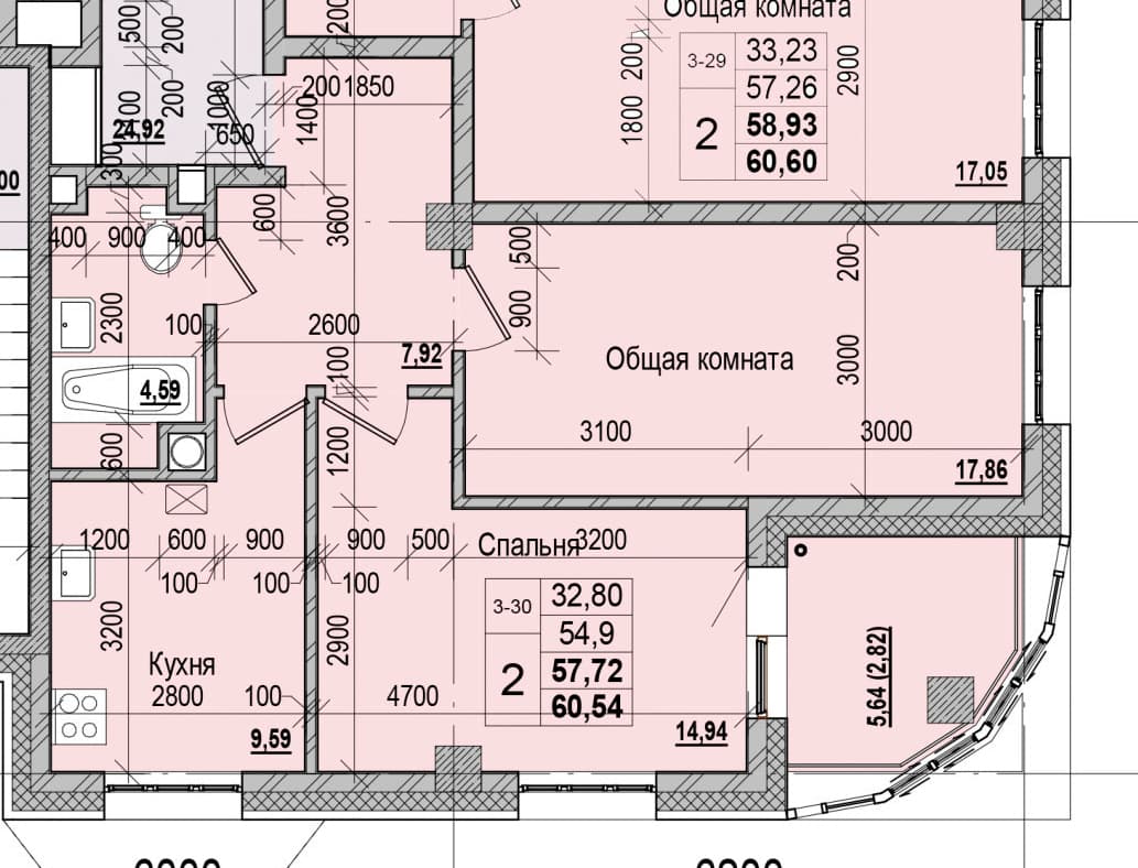 2 комн., 57.7 м²
