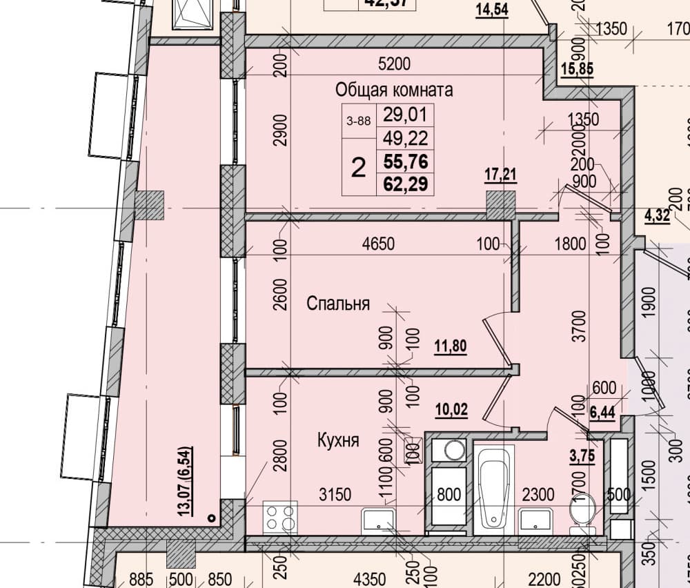 2 комн., 55.8 м²