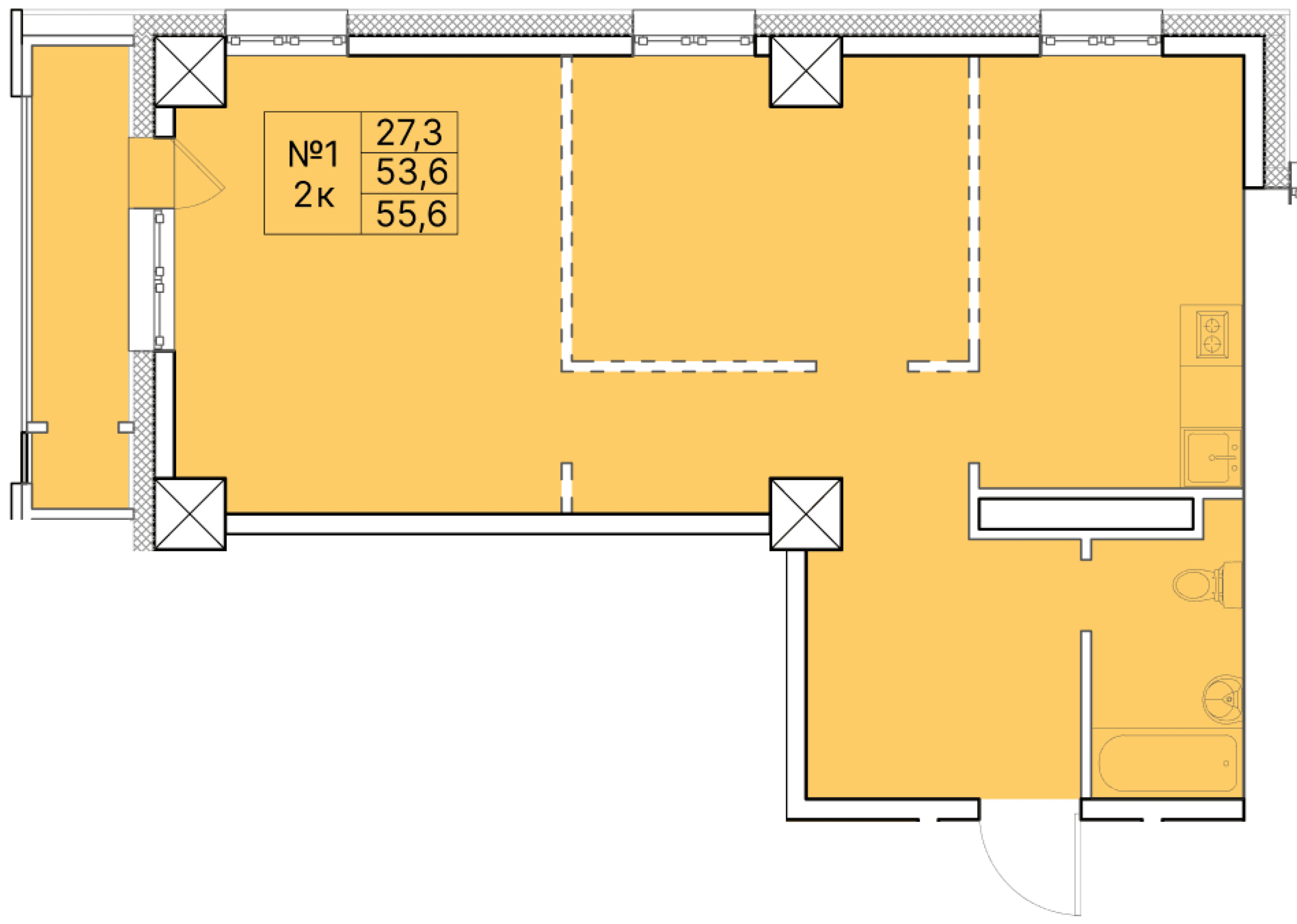 2 комн., 55.6 м²