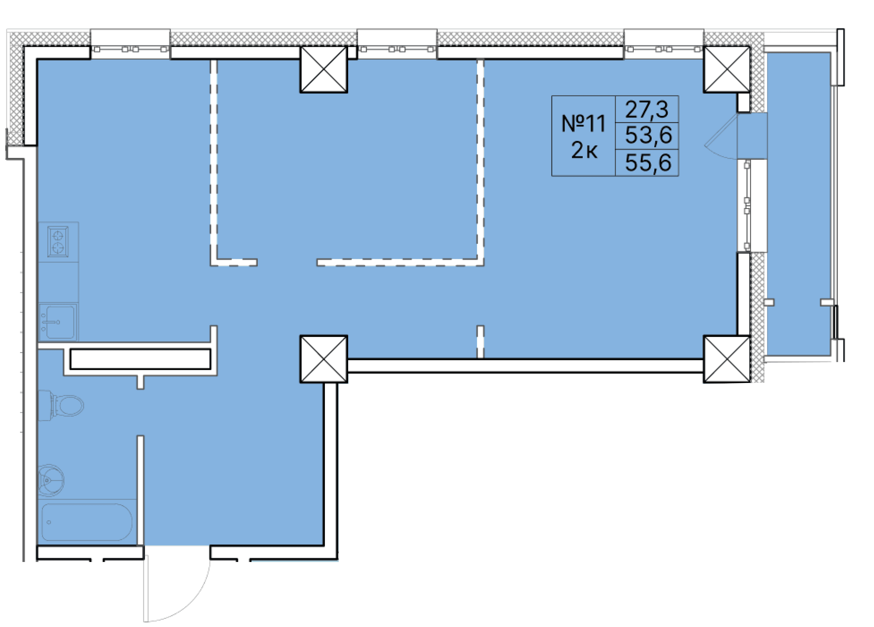 2 комн., 55.6 м²