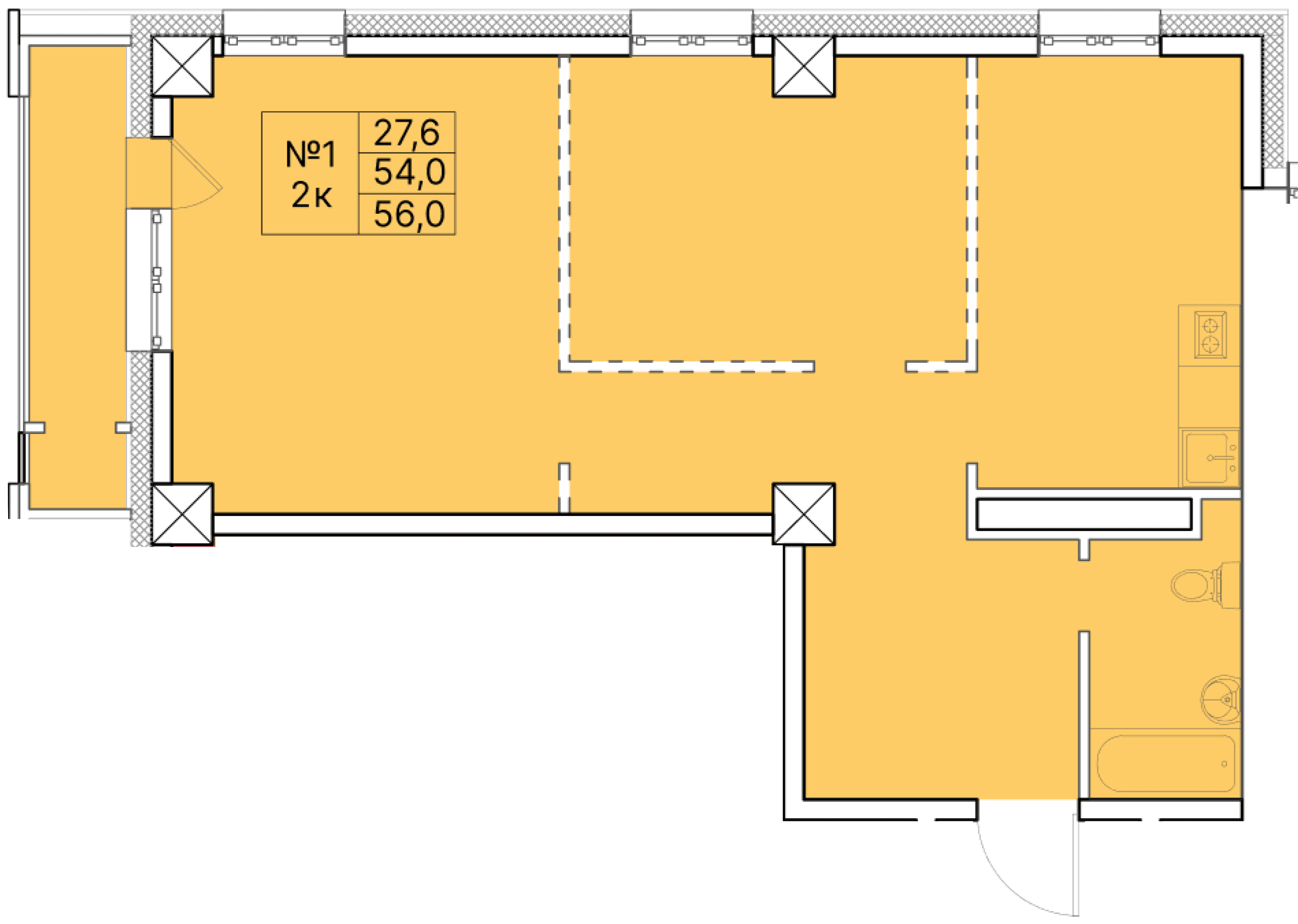 2 комн., 56.0 м²