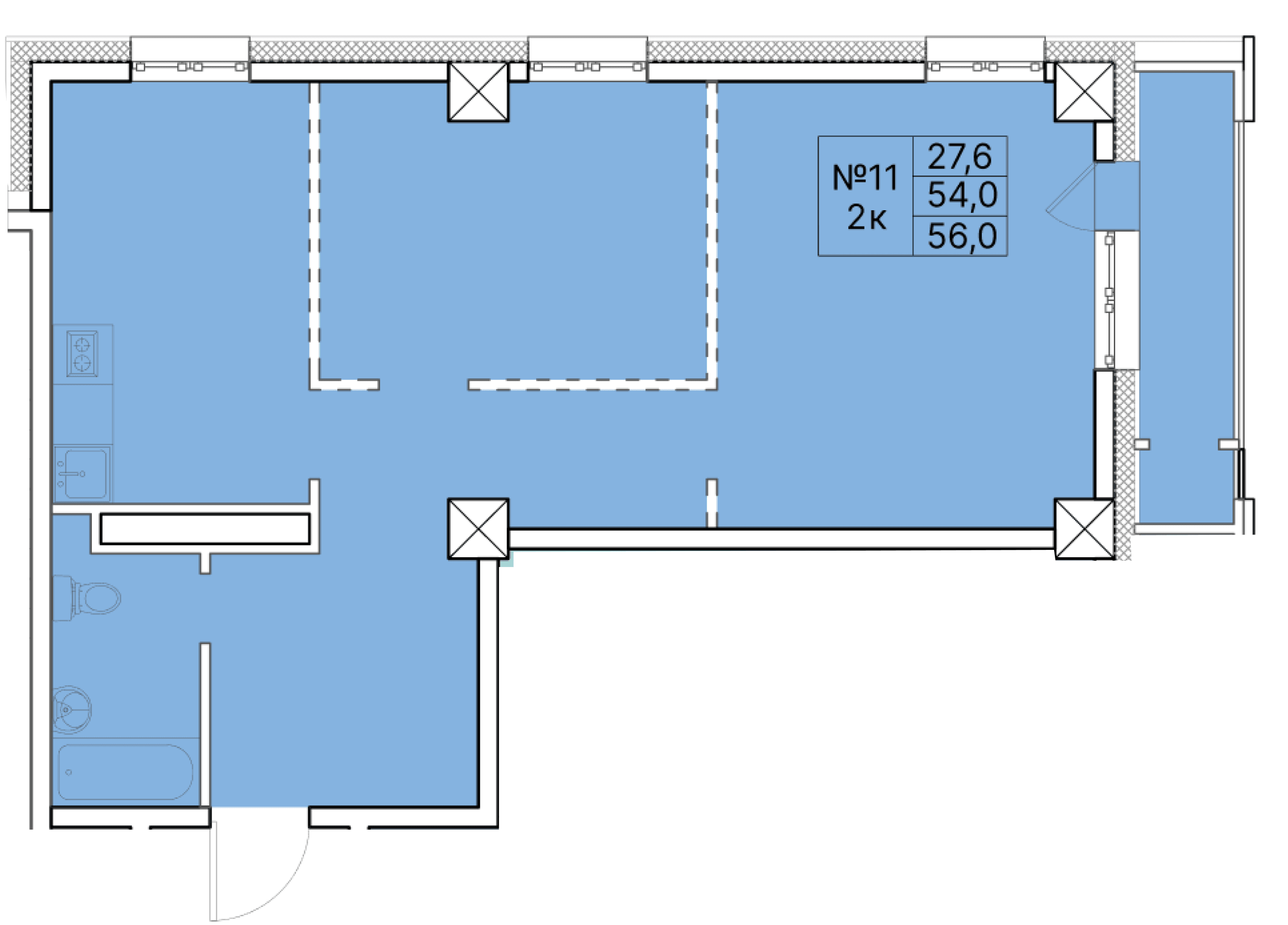 2 комн., 56.0 м²