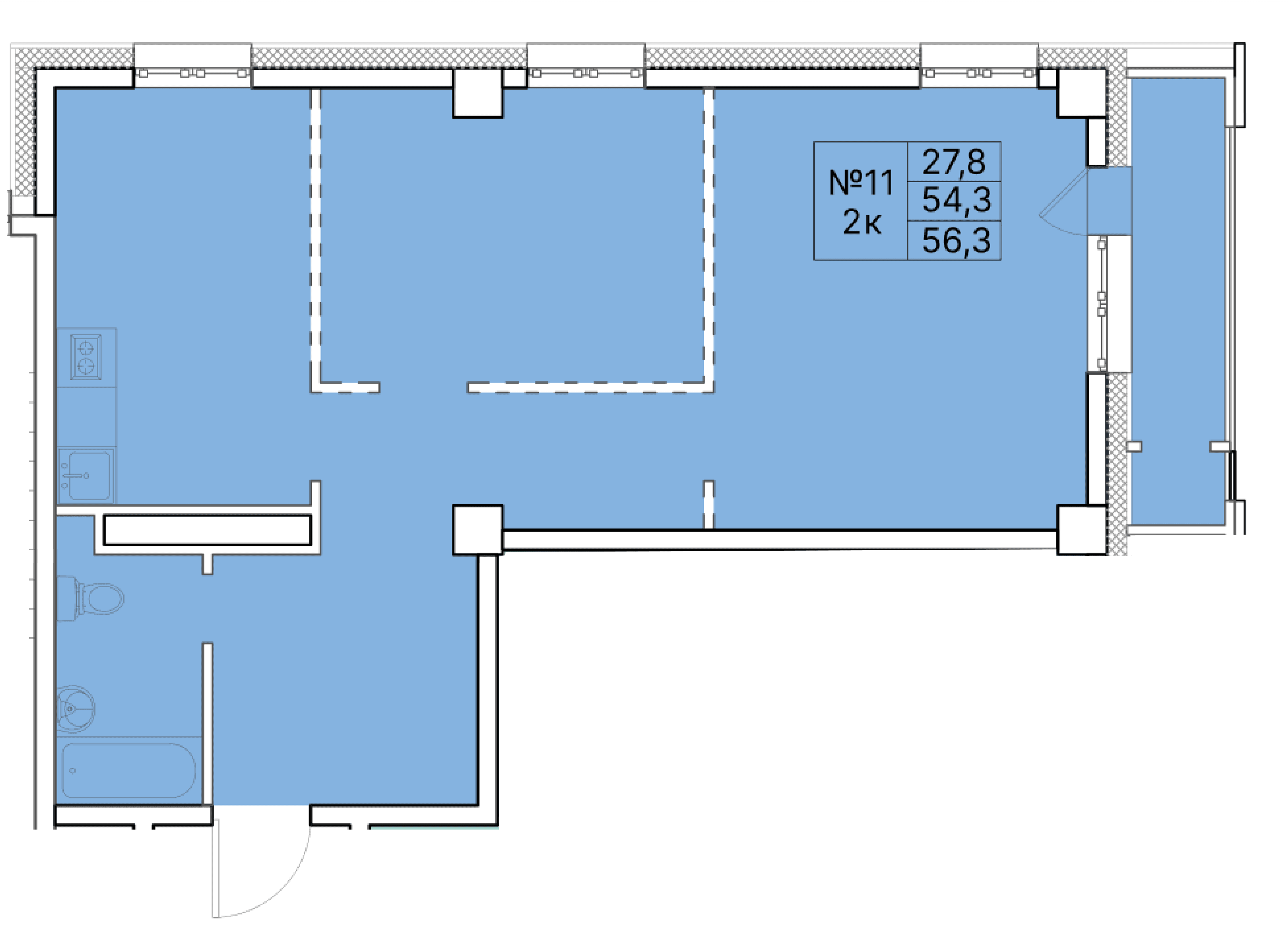 2 комн., 56.3 м²