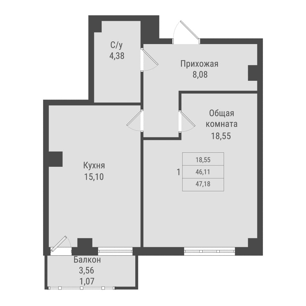 1 комн., 47.2 м²