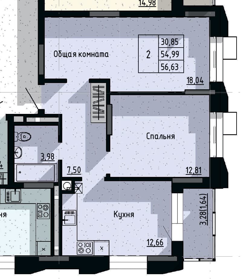 2 комн., 56.6 м²