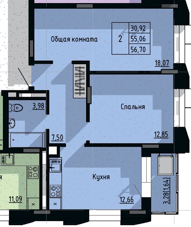 2 комн., 56.7 м²