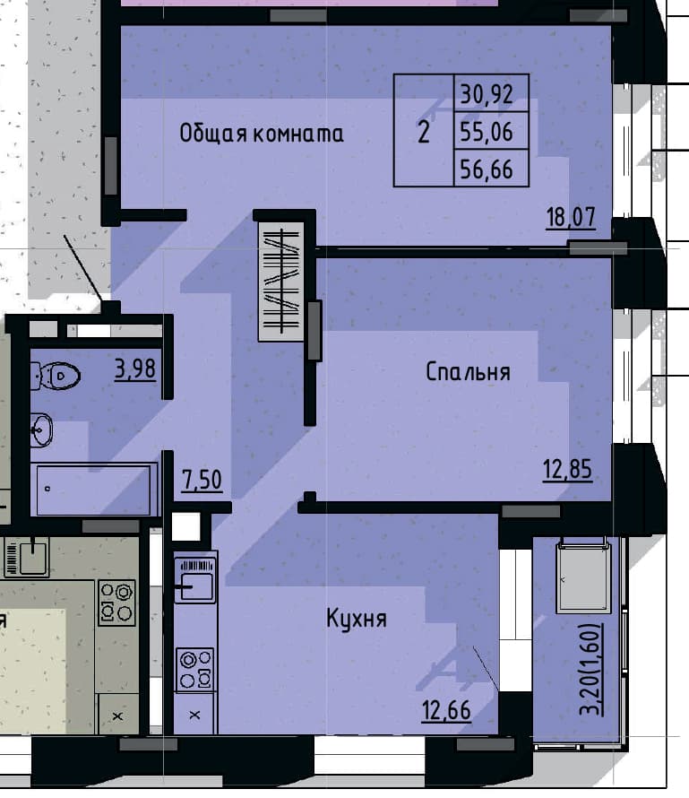 2 комн., 56.7 м²