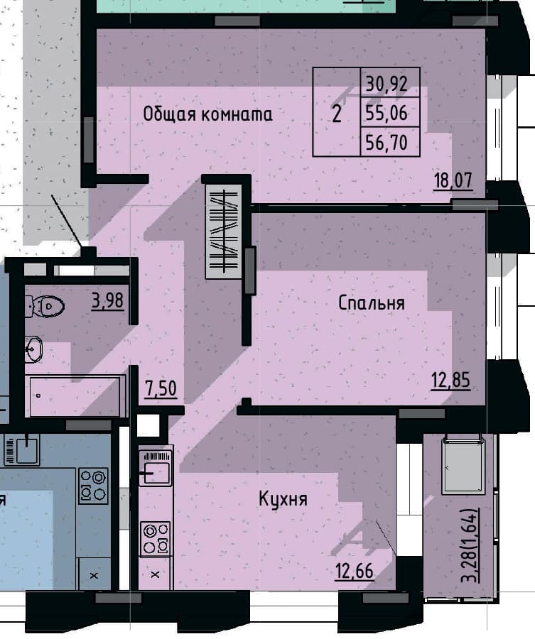 2 комн., 56.7 м²