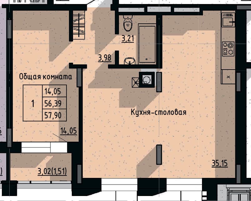 1 комн., 57.9 м²
