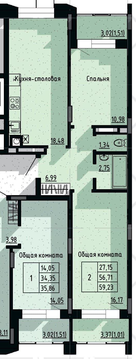 2 комн., 59.2 м²