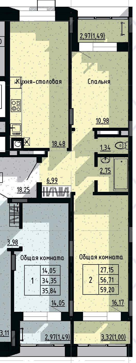 2 комн., 59.2 м²
